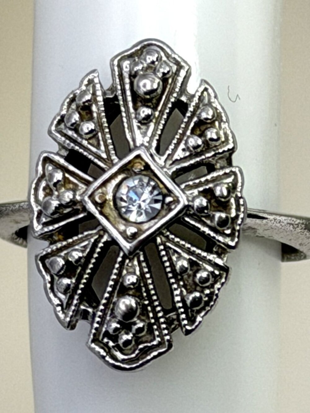 Vintage Avon Ring Art Deco Revival Clear Rhinestone Silver Tone Size 7